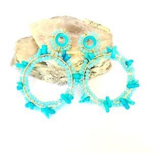 NEW! Blue/ Turquoise Coral & Faceted Glass Beads, Hoop Earrings in Goldtone